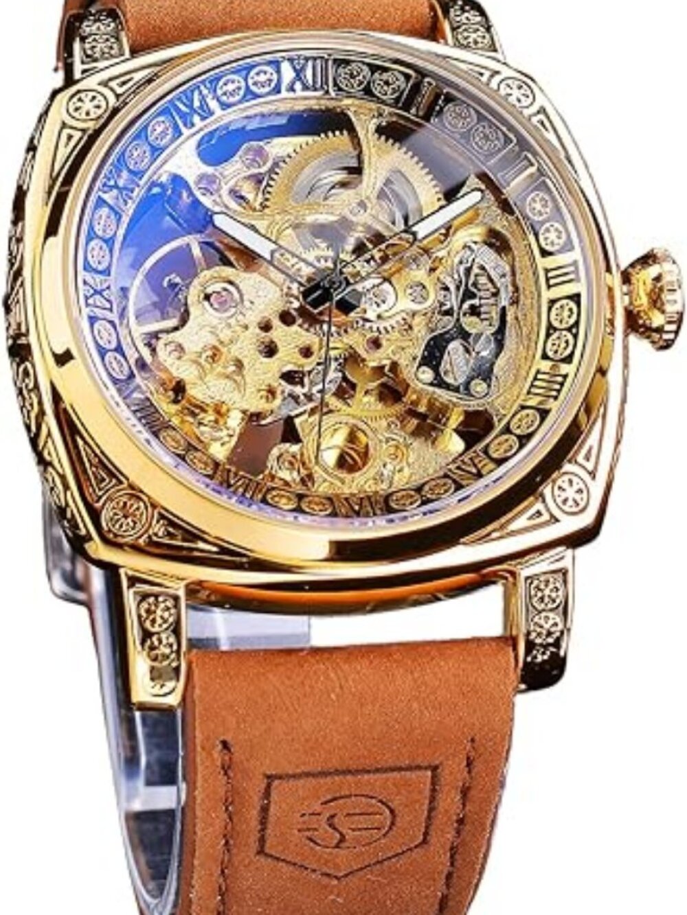 Square Retro Mechanical Watch Self-Wind Skeleton Automatic Leather Strap